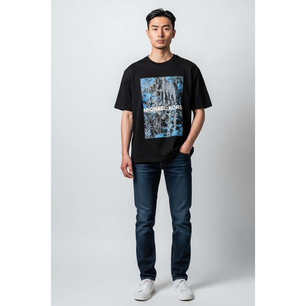 Michael Kors Graphic Logo T-Shirt Black Blue Paint Print Medium 100% Cotton - Picture 5 of 5